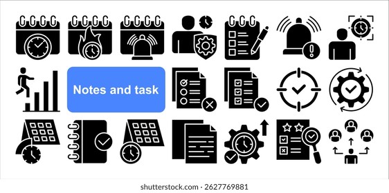 Notes and task icon collection set. Containing reminder, priority, deadline, completed, calendar, schedule, notification icon. Simple flat vector.