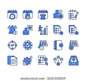 Notes and task icon collection set. Containing reminder, priority, deadline, completed, calendar, schedule, notification icon. Simple line vector.