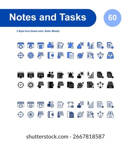 Notes and Tasks icon set. with 3 Style Icon (lineal color, Solid, Mixed).