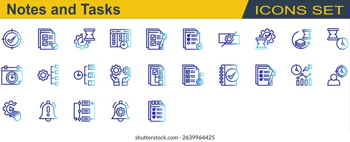 Notes and Tasks Icon Set. Containing Checklist,Deadline,Delay,Notification,Organize,Priority,Progress,Reschedule,Subtask,Task Completed,To Do List. Outline Gradient Style