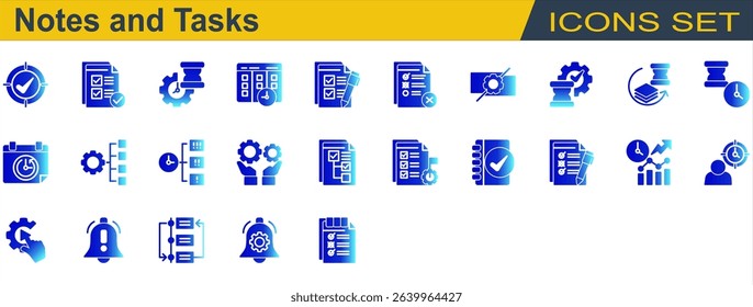 Notes and Tasks Icon Set. Containing Checklist,Deadline,Delay,Notification,Organize,Priority,Progress,Reschedule,Subtask,Task Completed,To Do List. Solid Gradient Style
