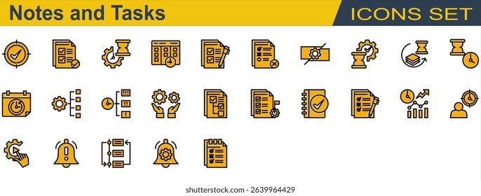 Notes and Tasks Icon Set. Containing Checklist,Deadline,Delay,Notification,Organize,Priority,Progress,Reschedule,Subtask,Task Completed,To Do List. Solid Color Lineal Style