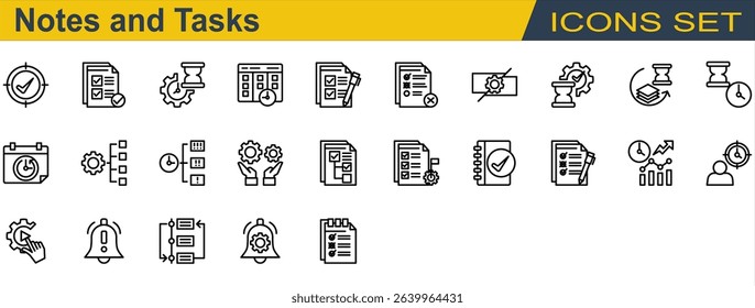 Notes and Tasks Icon Set. Containing Checklist,Deadline,Delay,Notification,Organize,Priority,Progress,Reschedule,Subtask,Task Completed,To Do List. Outline Style