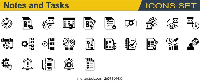 Notes and Tasks Icon Set. Containing Checklist,Deadline,Delay,Notification,Organize,Priority,Progress,Reschedule,Subtask,Task Completed,To Do List. Mixed Style
