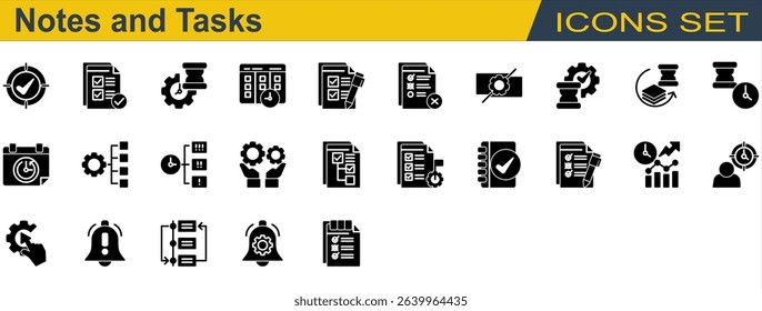 Notes and Tasks Icon Set. Containing Checklist,Deadline,Delay,Notification,Organize,Priority,Progress,Reschedule,Subtask,Task Completed,To Do List. Solid Style