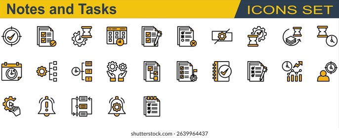 Notes and Tasks Icon Set. Containing Checklist,Deadline,Delay,Notification,Organize,Priority,Progress,Reschedule,Subtask,Task Completed,To Do List. Lineal Color Style