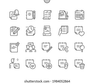 Notes  Tasks. Management and time. Task meeting. Reminder. Favorite tasks. Pixel Perfect Vector Thin Line Icons. Simple Minimal Pictogram