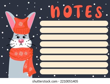 Notes template with cartoon bunny in knitted hat and scarf on snowfall background. Kids design template with funny animals. Hand drawn vector illustration