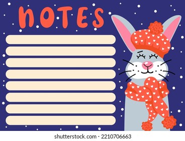 Notes template with cartoon bunny in knitted beret and scarf on snowfall background. Kids design template with funny animals. Hand drawn vector illustration