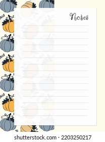 Notes template, lined paper with Halloween Pumpkin pattern hand drawn. To do list, reminders, blank, planners. Vector illustration