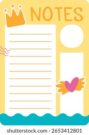 Notes template page featuring a crown, heart with wings, and abstract wave decorations, designed for printing and versatile use in various creative projects