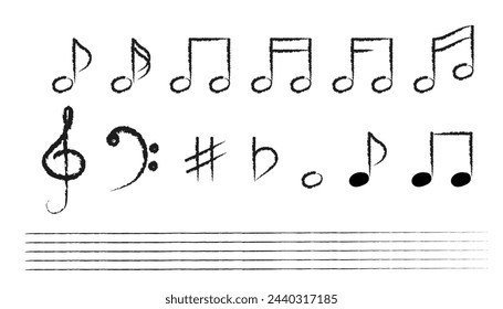 Noten, Höhen-Schlüssel, Bass-Schlüssel, scharf, flach, Noten. Kalligraphie Tinte von musikalischen Symbolen.  Doodle Vektor-Illustration isoliert auf weißem Hintergrund