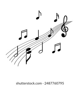 Notes, treble clef, melody. Vector illustration. All objects are drawn in vector in black. Suitable for printing on posters, invitations, cards, tickets and for design. International Music Day 2024.