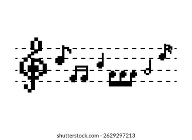 Notes and treble clef in pixel style. Musical notes arranged on a staff in a retro pixel art style showcasing creativity in digital music. Stock Vector