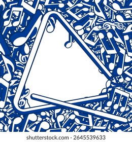 Notes and triangular musical instrument vibrating at different frequencies from blow of short metal stick piled up in big heap. Vector banner for advertising of orchestra, ensemble concert