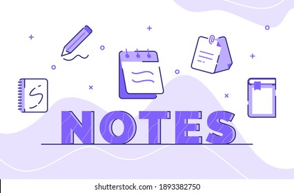 notes typography word art background of icon book pencil post it with outline style