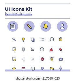 Notes UI icons kit. Private journal and color vector symbols set. Add image file. Personal diary mobile app buttons in purple circles pack. Web design elements collection