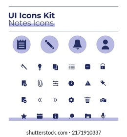 Kit de iconos de la interfaz de usuario de Notes. Conjunto de símbolos vectoriales de glifo de diario privado. Añadir archivo de imagen. Botones de aplicación móvil del diario personal en el paquete de círculos morados. colección de elementos de diseño web