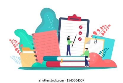 Notes vector concept illustration. Stationery forms for diaries, notes or sketches. Blank checklists, organizers, and clean information pages for exercise books. Vector flat style illustration with ch