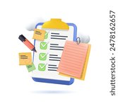 Notes vector illustration. 3D paper textbook concept, persomal notes. Stationery blank sheets for diary, memos or sketch making. Empty checklists, organizers and clean information notebook pages