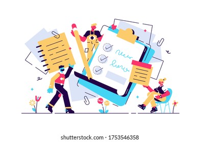 Notes vector illustration. Flat tiny paper textbook write persons concept. Stationery blank sheets for diary, memos or sketch making. Empty checklists, organizers and clean information notebook pages.