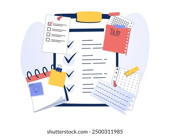 Notes vector illustration. Flat tiny paper textbook write persons concept. Stationery blank sheets for diary, memos or sketch making. Empty checklists, organizers and clean information notebook pages.