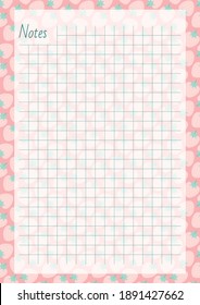 Notes. Vertical notebook page on a background of a cute strawberry pattern. Vector 10 ESP.