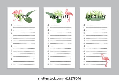 notes, wish list, to do list with flamingo and palm leaves vector set