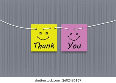 Notes with the words THANK YOU with happy face on the wooden table the dark vector illustration design background