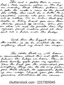Notes written on 8.5 x 11 inch paper. Pen and Ink scribbled handwriting, bad, unreadable vintage cursive script. Diary page, diary entry sample. Journalling example, woman's hand writing
