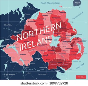 Nordirland detailliert bearbeitbare Karte mit Regionen Städte, Straßen und Eisenbahnen, geographische Standorte. EPS-10 Datei, Vektorgrafik