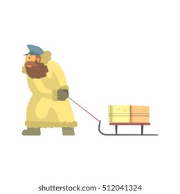 Nothern Postman In Fur Coat Dragging Sled With Mail