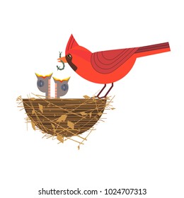 Nothern Red Cardinal Feeding Baby Birds Icon. Cute Comic Cartoon. Newborn Hungry Bird Sitting In Straw Nest. Minimalism Simplicity Wildlife Design. Template Vector Birdwatching, Nature Care Background