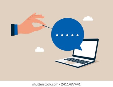 Nothing to listen to or talks a about nothing.  Hand with regular sharp sewing needle popping speech bubble. Flat vector illustration