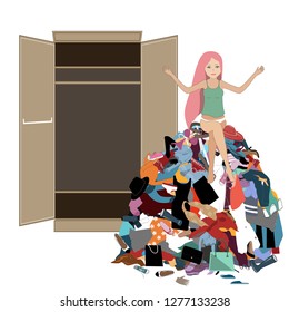 Nothing to wear concept, young attractive stressed woman seating in a pile of messy clothes gotten out of closet. Vector illustration