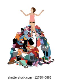 Nothing to wear concept, young attractive stressed woman seating in a pile of messy clothes gotten out of closet. Vector illustration