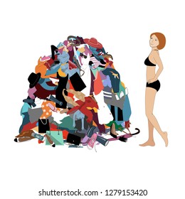 Nothing To Wear Concept, Young Attractive Stressed Woman Looking At A Pile Of Messy Clothes Gotten Out Of Closet. Vector Illustration