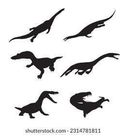 nothosaurus silhouette set collection isolated black on white background vector illustration