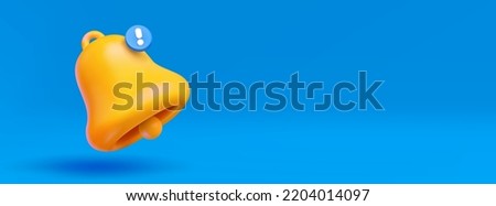 Notice or alert banner with gold bell on blue background. Horizontal poster for notification or attention message with 3d yellow handbell and exclamation point, vector illustration