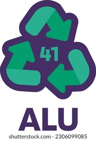 Notice ALU number 41 for industrial products marking. Recycle code for metals. Informing consumer of package properties and chemical composition . Green triangular arrow sign. Vector