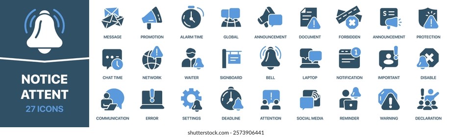 Notice and attent colored signed icon collection. Bell, alarm, notification, reminder icons. UI icon set. Colored icons pack. Vector illustration 