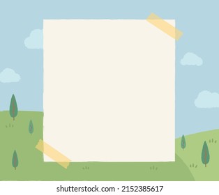 A Notice Board For Daycare Centers With Natural Scenery Illustration Set. Diary, Memo, Label, Sticker, Tree, Cloud, Spring. Vector Drawing. Hand Drawn Style.