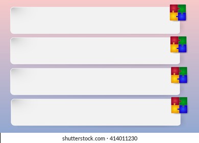 Notice board of four white rectangles with gradient puzzle pieces. Each of them has one piece of color puzzle on the right side. All is on the trendy blue and pink gradient background.