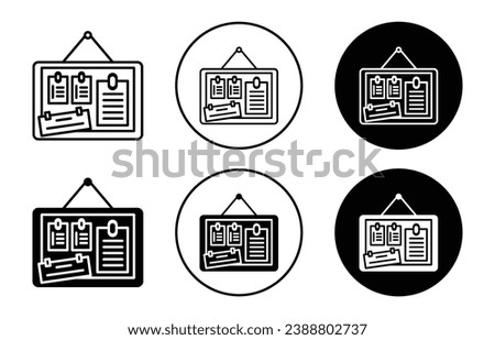Notice board with notes icon set. Classroom pinboard vector symbol in black filled and outlined style.