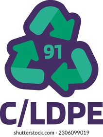 Notificación c ldpe número 91 para el marcado de productos industriales. Reciclar código para plástico, papel, metales. Información sobre las propiedades del paquete y el producto químico. Signo de flecha verde triangular. Vector