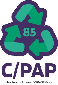 Notice C PAP number 85 for industrial products marking. Recycle code for plastic, paper, metals. Informing consumer of package properties and chemical composition . Green triangular arrow sign. Vector