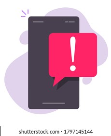 Notice caution important reminder vector notification on mobile phone screen flat cartoon illustration, warning red note with exclamation sign danger alarm error on smartphone cellphone security