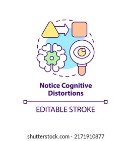 Notice cognitive distortions concept icon. Find thoughts patterns. Adaptability tip abstract idea thin line illustration. Isolated outline drawing. Editable stroke. Arial, Myriad Pro-Bold fonts used
