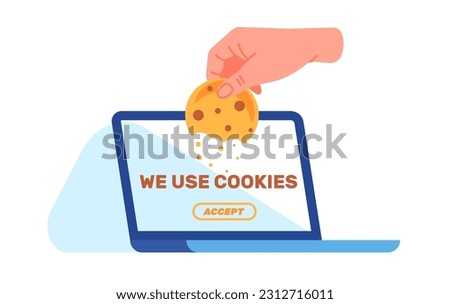 Notice of cookie policy. Digital personal information permission. Laptop and hand with biscuit. Users privacy. Computer technology. Browser note accept. Website security