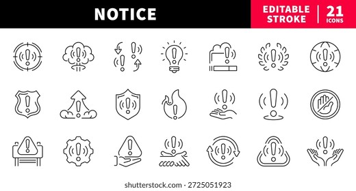 Observe el conjunto de iconos de línea editables. Símbolos de atención y alerta
